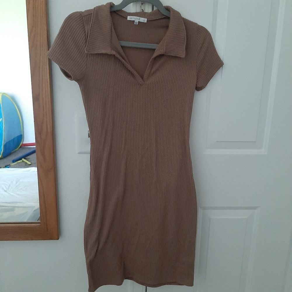 ANTISTAR Rib Fitted Dress Brown Tan Small - Picture 2 of 7